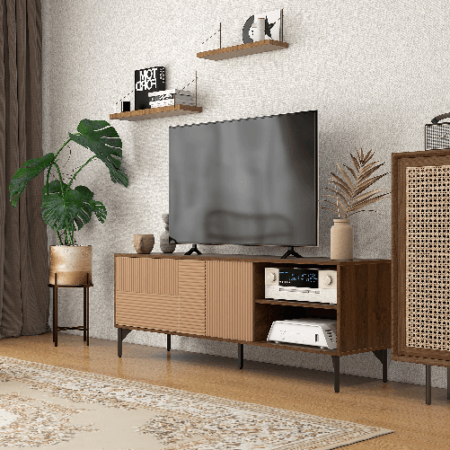 HOMCOM-Mobile-Porta-TV-fino-65--con-2-Armadietti-e-2-Vani-Aperti-in-Legno-150x40x56cm-Marrone