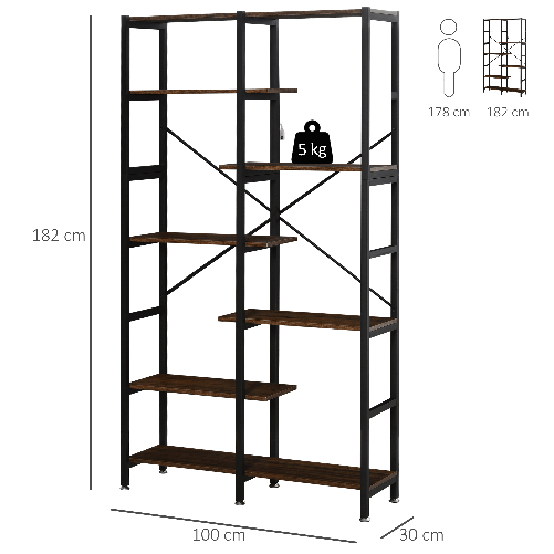 HOMCOM-Scaffale-Libreria-da-Parete-in-Legno-e-Metallo-Nero-con-6-Ripiani-Stile-Industriale