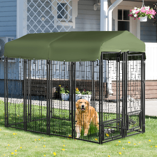 PawHut-Kennel-per-Cani-in-Acciaio-per-Interni-ed-Esterni-con-Tettuccio-in-Tessuto-Oxford-e-2-Ciotole-244x122x183-cm