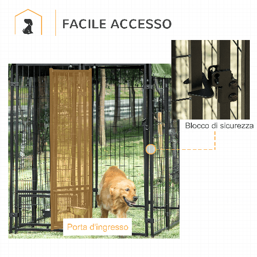 PawHut-Kennel-per-Cani-in-Acciaio-per-Interni-ed-Esterni-con-Tettuccio-in-Tessuto-Oxford-e-2-Ciotole-244x122x183-cm