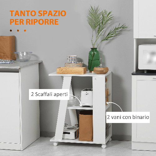 HOMCOM-Carrello-da-Cucina-Portavivande-in-Legno-con-2-Ripiani-e-Ruote-60x38x77cm-Bianco