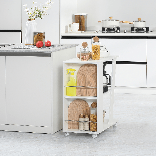 HOMCOM-Carrello-da-Cucina-Portavivande-in-Legno-con-2-Ripiani-e-Ruote-60x38x77cm-Bianco