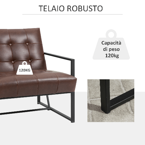 HOMCOM-Poltrona-Imbottita-Stile-Industriale-Trapuntata-a-Bottoni-Arredamento-Moderno-Poltroncina-da-Ingresso-in-Metallo-e-PU-75x81x78cm-Marrone