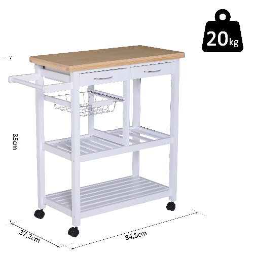 HOMCOM-Carrello-da-Cucina-in-Legno-con-2-Ripiani-e-Cassetti-Bianco-845x372x85cm