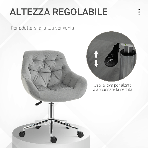 Vinsetto-Sedia-da-Ufficio-Ergonomica-Girevole-con-Altezza-Regolabile-e-Ruote-Rivestimento-in-Velluto---Grigio