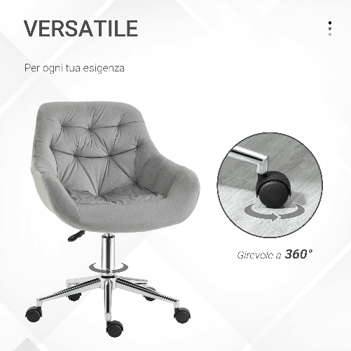 Vinsetto-Sedia-da-Ufficio-Ergonomica-Girevole-con-Altezza-Regolabile-e-Ruote-Rivestimento-in-Velluto---Grigio