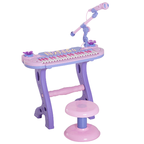 HOMCOM-Pianola-per-Bambini-a-37-tasti-con-Sgabello-e-Microfono-12-Strumenti-e-22-Musiche-Registrazione-MP3-e-Karaoke-Rosa