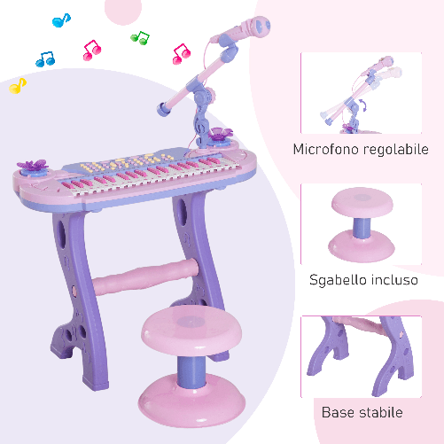 HOMCOM-Pianola-per-Bambini-a-37-tasti-con-Sgabello-e-Microfono-12-Strumenti-e-22-Musiche-Registrazione-MP3-e-Karaoke-Rosa