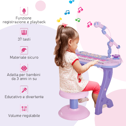 HOMCOM-Pianola-per-Bambini-a-37-tasti-con-Sgabello-e-Microfono-12-Strumenti-e-22-Musiche-Registrazione-MP3-e-Karaoke-Rosa
