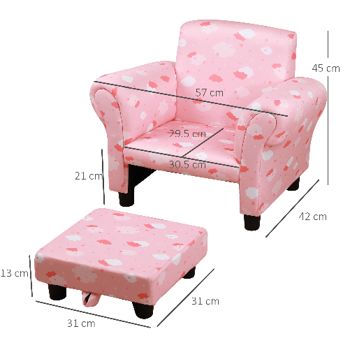 HOMCOM-Poltroncina-per-Bambini-con-Poggiapiedi-Estraibile-Struttura-in-Legno-con-Imbottitura-57x42x45cm-Rosa-e-Bianco