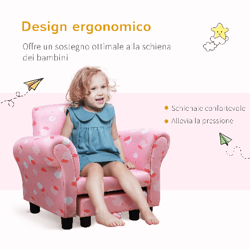 HOMCOM-Poltroncina-per-Bambini-con-Poggiapiedi-Estraibile-Struttura-in-Legno-con-Imbottitura-57x42x45cm-Rosa-e-Bianco