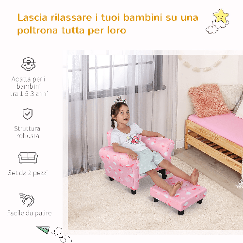 HOMCOM-Poltroncina-per-Bambini-con-Poggiapiedi-Estraibile-Struttura-in-Legno-con-Imbottitura-57x42x45cm-Rosa-e-Bianco