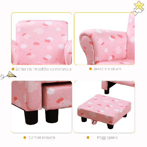 HOMCOM-Poltroncina-per-Bambini-con-Poggiapiedi-Estraibile-Struttura-in-Legno-con-Imbottitura-57x42x45cm-Rosa-e-Bianco