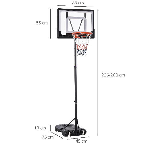 HOMCOM-Canestro-Basket-Altezza-Regolabile-160-210cm-Struttura-in-Acciaio-e-Base-con-Ruote-Tabellone-in-PE-Trasparente