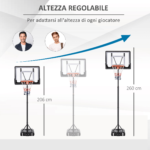 HOMCOM-Canestro-Basket-Altezza-Regolabile-160-210cm-Struttura-in-Acciaio-e-Base-con-Ruote-Tabellone-in-PE-Trasparente