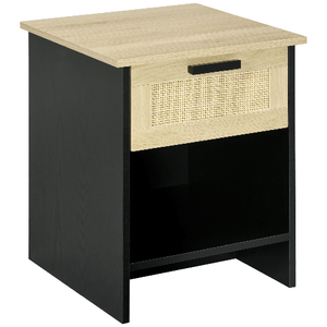 HOMCOM Comodino per Camera da Letto in Stile Boho Chic in Legno e Rattan, Comodino con Cassetto e Ripiano, 40x40x50cm, Nero e Naturale