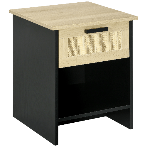 HOMCOM-Comodino-per-Camera-da-Letto-in-Stile-Boho-Chic-in-Legno-e-Rattan-Comodino-con-Cassetto-e-Ripiano-40x40x50cm-Nero-e-Naturale