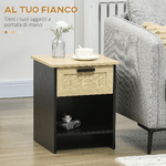 HOMCOM-Comodino-per-Camera-da-Letto-in-Stile-Boho-Chic-in-Legno-e-Rattan-Comodino-con-Cassetto-e-Ripiano-40x40x50cm-Nero-e-Naturale