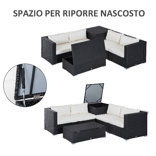 Outsunny-Set-da-Giardino-6-Pezzi-4-Poltrone-con-Cuscini-e-2-Tavolini-Contenitore-in-Rattan-PE-Nero-e-Crema