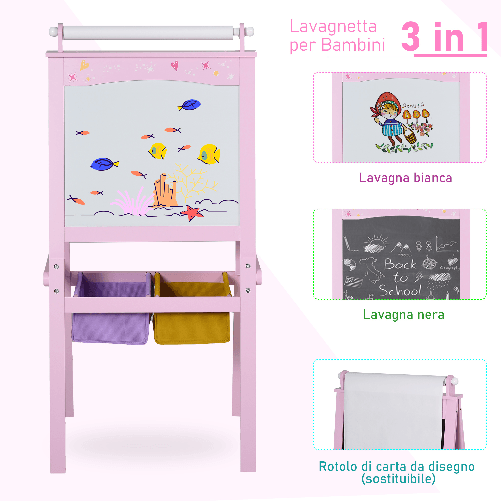 HOMCOM-Lavagnetta-con-Cavalletto-per-Bambini-3-in-1-e-con-Rullo-Fogli-di-Carta-in-Legno-Rosa