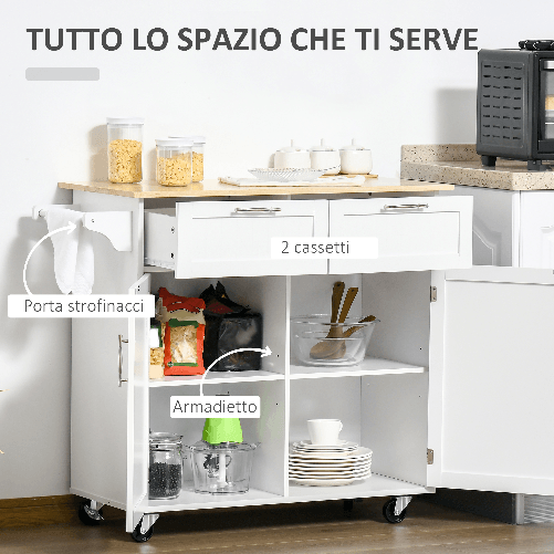 HOMCOM-Carrello-da-Cucina-Multiuso-in-Legno-con-2-Cassetti-104x46x91cm---Bianco