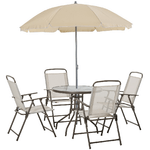 Outsunny 6 pz Set Mobili da Giardino in Tubi d'Acciaio,   Tavolo da Giardino con Sedie e Ombrellone, Crema