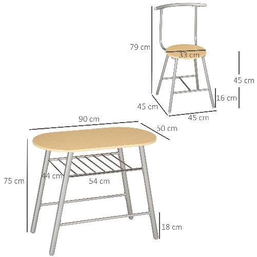 HOMCOM-Set-da-Pranzo-Salvaspazio-da-3-Pezzi-con-Tavolo-da-Pranzo-Ovale-con-Ripiano-e-2-Sedie-in-MDF-e-Acciaio