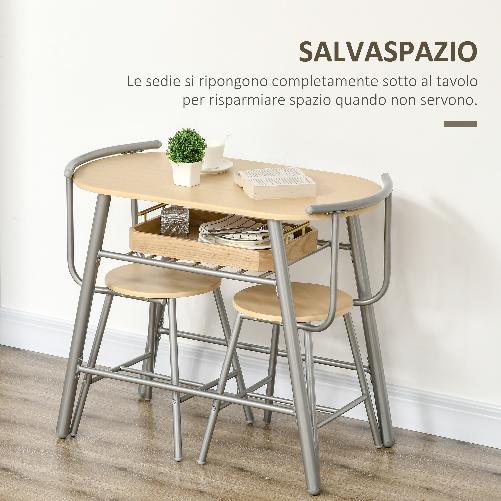 HOMCOM-Set-da-Pranzo-Salvaspazio-da-3-Pezzi-con-Tavolo-da-Pranzo-Ovale-con-Ripiano-e-2-Sedie-in-MDF-e-Acciaio