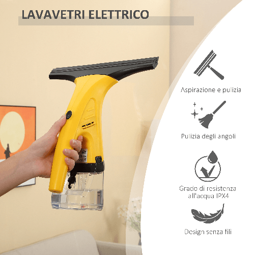 HOMCOM-Lavavetri-Elettrico-Aspiragocce-con-Batteria-Ricaricabile-Pulitore-Vetri-Senza-Fili---Giallo