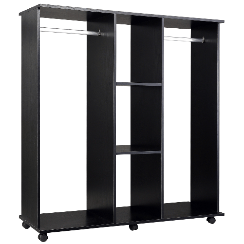 HOMCOM-Armadio-Guardaroba-a-5-Ripiani-con-Ruote-e-Barre-Appendiabiti-in-Legno-e-Alluminio-Nero-120x40x128cm