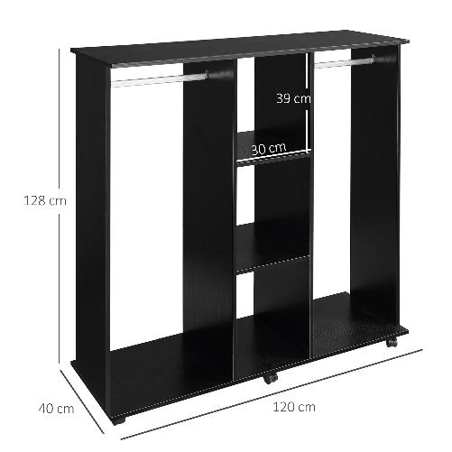 HOMCOM-Armadio-Guardaroba-a-5-Ripiani-con-Ruote-e-Barre-Appendiabiti-in-Legno-e-Alluminio-Nero-120x40x128cm