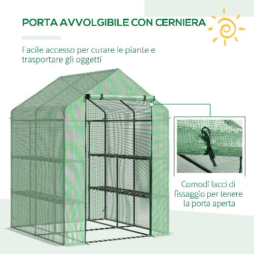 Outsunny-Serra-da-Giardino-con-Scaffali-Copertura-in-PE-e-Porta-Avvolgibile-143x138x190-cm-Verde