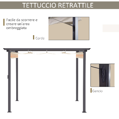 Outsunny-Gazebo-Pergola-da-Giardino-3x3m-con-Tenda-Retrattile-in-Alluminio-e-Poliestere-Bianco-Crema