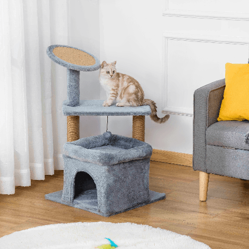 PawHut-Tiragraffi-per-Gatti-con-Pali-in-Juta-Casetta-e-Cuscino-Rivestimento-Peluche-Altezza-84cm-Grigio