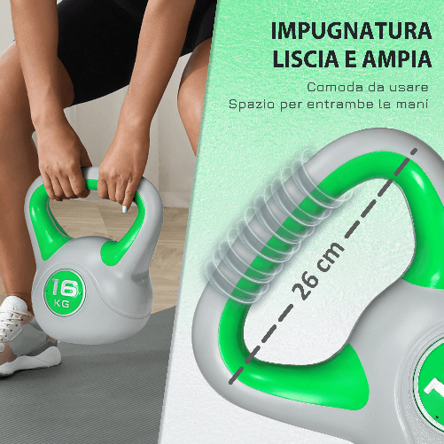 SPORTNOW-Kettlebell-16kg-in-PU-e-Sabbia-con-Base-Piatta-e-Impugnatura-per-Stacchi-Squat-e-Sollevamenti-26x18x32-cm-Verde