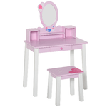 HOMCOM-Toeletta-per-Bambine--3-Anni-in-Legno-Set-Tavolo-da-Trucco-Giocattolo-con-Specchio-e-Sgabello-Rosa