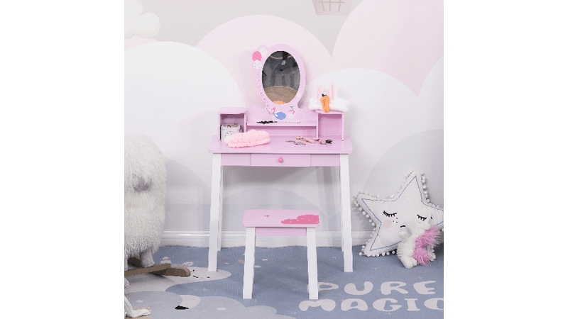 HOMCOM Tavolo Trucco per Bambini con Sgabello in Legno, Tavolo trucco  bambina con Specchio e Cassetto, 60x36x88cm, Rosa Legno Cassetto