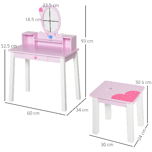 HOMCOM-Toeletta-per-Bambine--3-Anni-in-Legno-Set-Tavolo-da-Trucco-Giocattolo-con-Specchio-e-Sgabello-Rosa