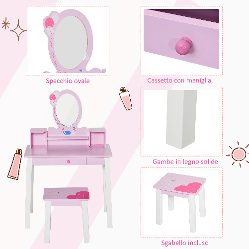 HOMCOM-Toeletta-per-Bambine--3-Anni-in-Legno-Set-Tavolo-da-Trucco-Giocattolo-con-Specchio-e-Sgabello-Rosa