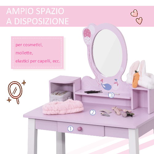 HOMCOM-Toeletta-per-Bambine--3-Anni-in-Legno-Set-Tavolo-da-Trucco-Giocattolo-con-Specchio-e-Sgabello-Rosa