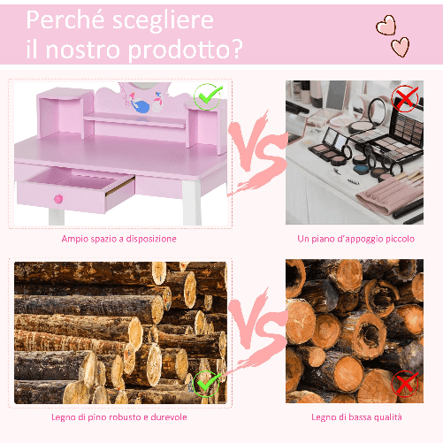 HOMCOM-Toeletta-per-Bambine--3-Anni-in-Legno-Set-Tavolo-da-Trucco-Giocattolo-con-Specchio-e-Sgabello-Rosa