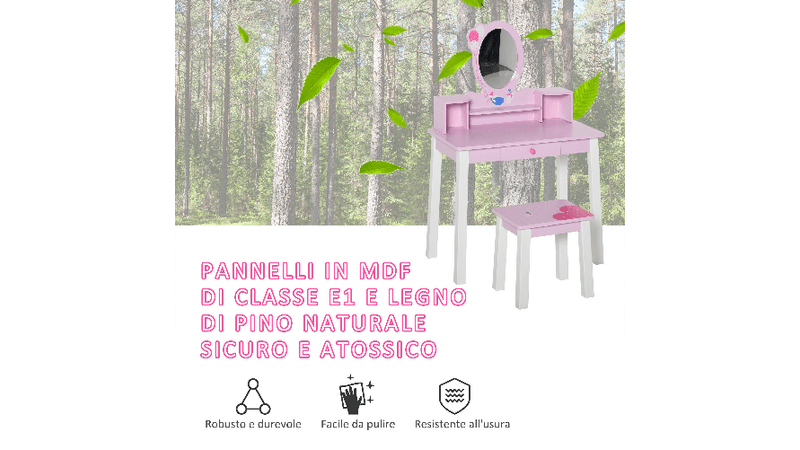 HOMCOM Toeletta per Bambine +3 Anni in Legno, Set Tavolo da Trucco  Giocattolo con Specchio e Sgabello, Rosa - PagineGialle Shop