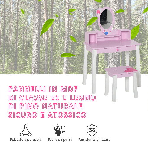 HOMCOM-Toeletta-per-Bambine--3-Anni-in-Legno-Set-Tavolo-da-Trucco-Giocattolo-con-Specchio-e-Sgabello-Rosa