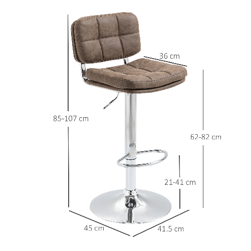 HOMCOM-Set-2-Sgabelli-da-Bar-Girevoli-con-Altezza-Regolabile-Similpelle-e-Imbottitura---Marrone-Argento