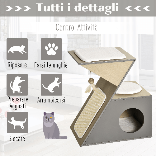 PawHut-Casetta-per-Gatti-con-Tiragraffi-e-Pallina-in-Corda-Sisal-e-Legno-MDF-Grigio-e-Color-Legno