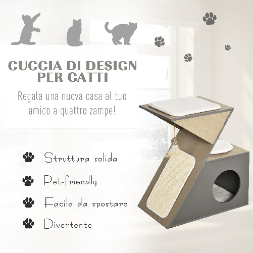 PawHut-Casetta-per-Gatti-con-Tiragraffi-e-Pallina-in-Corda-Sisal-e-Legno-MDF-Grigio-e-Color-Legno