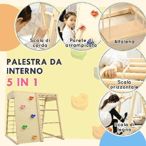 HOMCOM-Palestrina-per-Bambini-3--Anni-5-in-1-con-Parete-da-Arrampicata-3-Scale-e-Altalena-120x105x120-cm