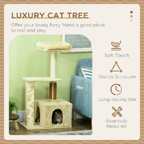 PawHut-Albero-per-Gatti-con-Paletto-Casetta-per-Gatti-Tiragraffi-e-Posatoio-60x40x108-cm-Beige