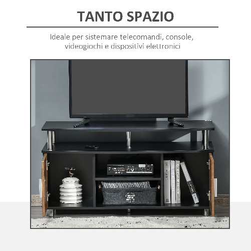 HOMCOM-Mobile-TV-Moderno-con-2-Ripiani-Fori-Passacavi-e-2-Armadietti-in-MDF-105x40x55cm---Nero-Marrone