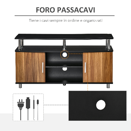 HOMCOM-Mobile-TV-Moderno-con-2-Ripiani-Fori-Passacavi-e-2-Armadietti-in-MDF-105x40x55cm---Nero-Marrone